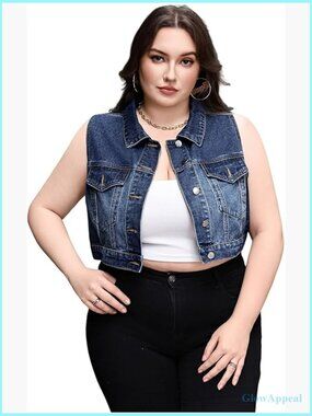 Plus Size Denim Vest Button Down Collared Pocket Sleeveless Crop Vest